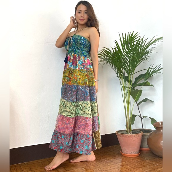 Dresses & Skirts - Smocked Ruched Patchwork Boho Dress Skirt